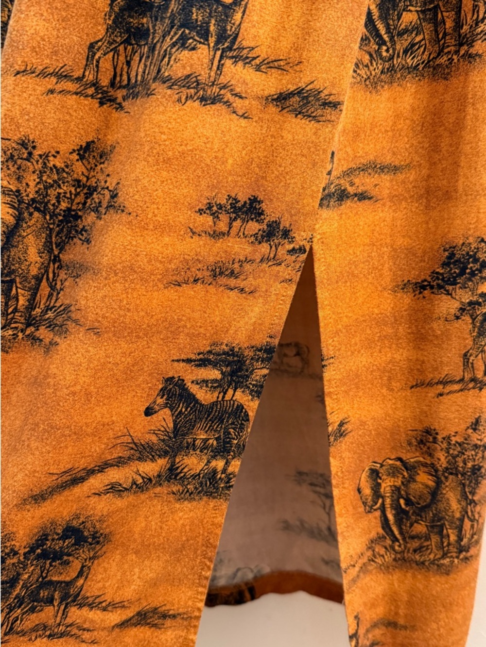 VTG Kathie Lee Safari Toile Maxi Dress 14 Orange Rayon Elephant Zebra Boho - Picture 10 of 10